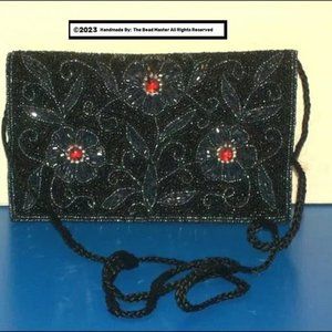 Black ~ Cross Body Purse ~ Ruby Red Floral Bead Work